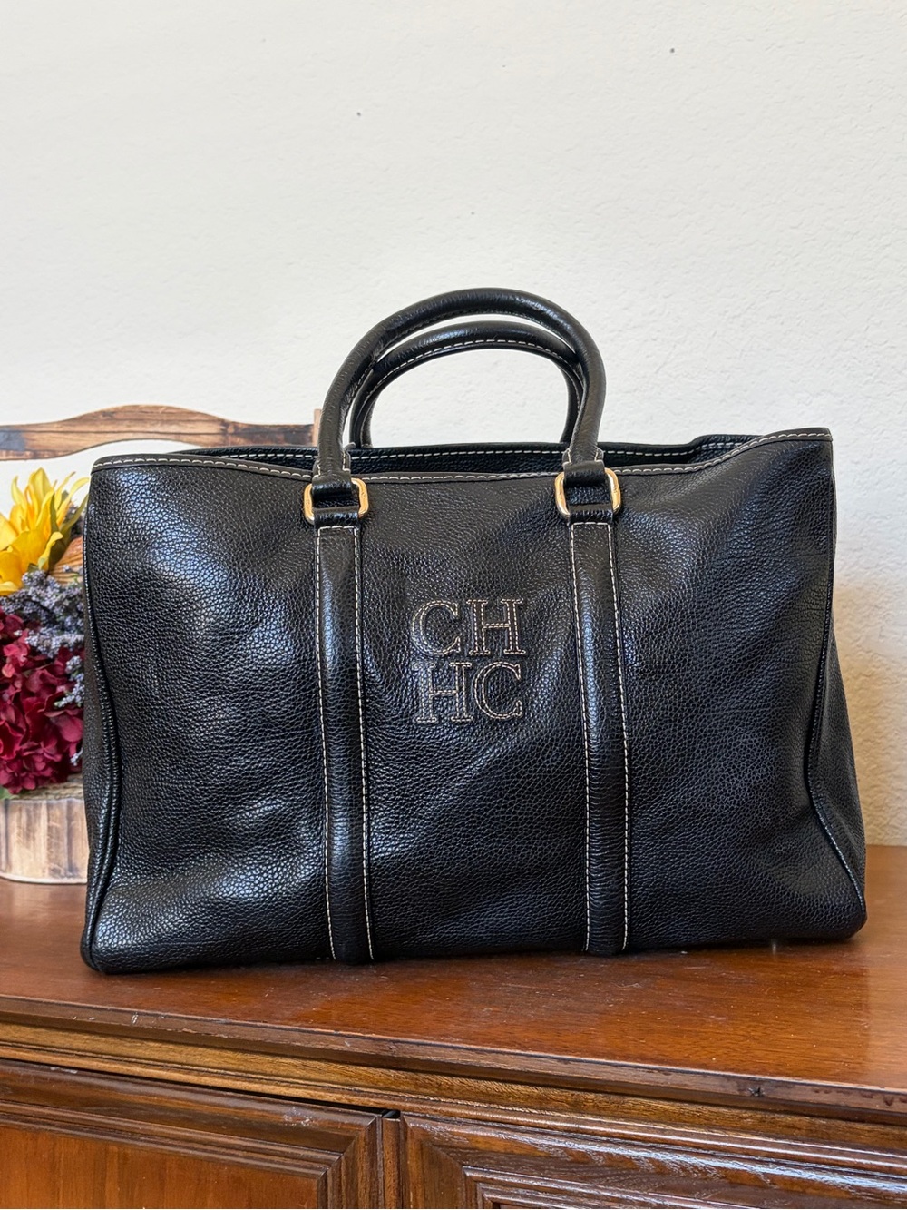 Carolina Herrera Black Leather Andy Satchel Tote Bag